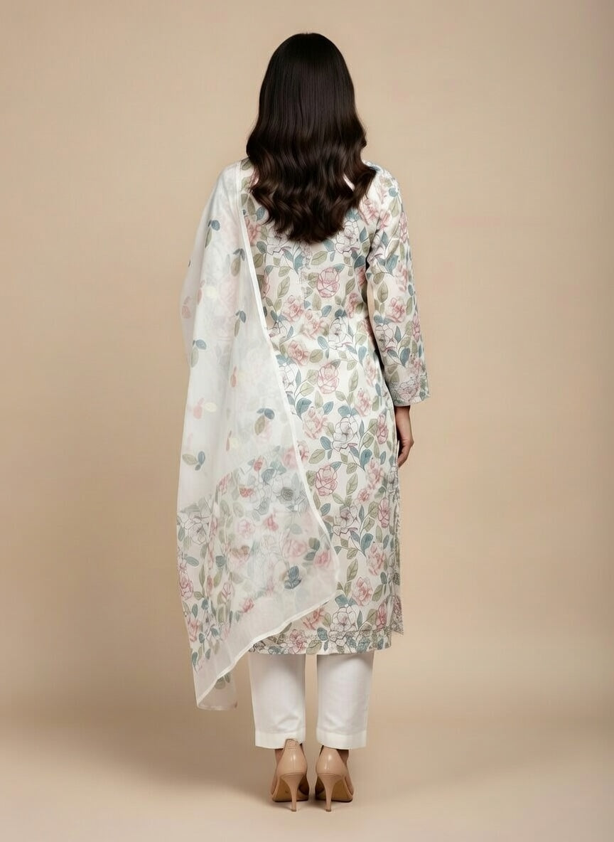 Breeze Lawn China Pure Allover Embroidered 3PC Suit | Pure White with Pink Purple Green Peony Floral Embroidery | Scattered Pastel Leaf & Flower China Dupatta