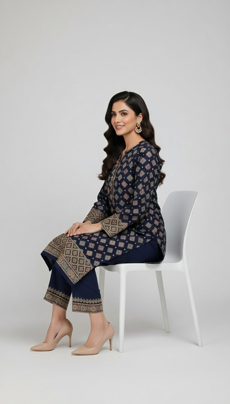 Premium Embroidered Karandi Suit China | Navy Blue Allover 3PC Unstitched | Pure china Chiffon Dupatta