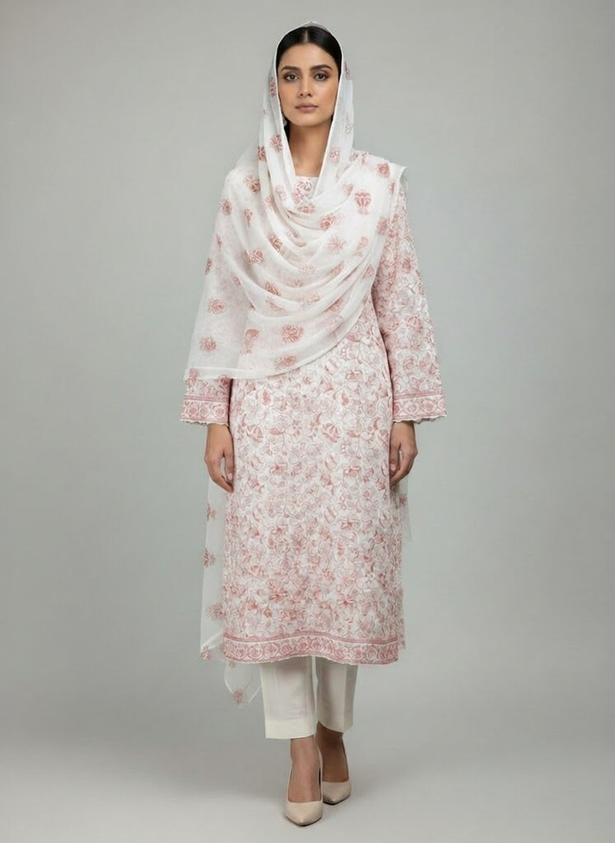 Bareeze Lawn China Pure Allover Embroidered 3PC Suit | Pure White with Pink Red Floral Embroidery | Scattered Pink Rose China Dupatta