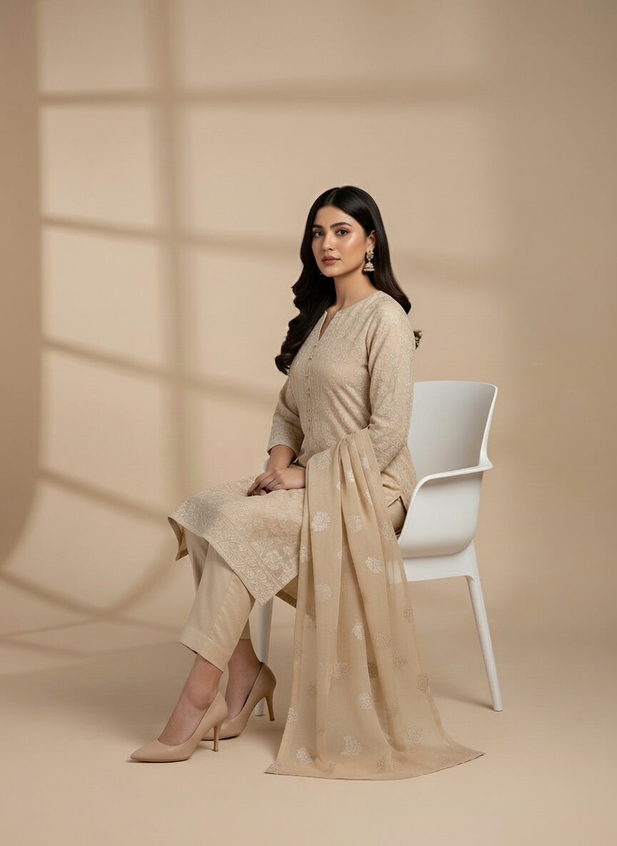 Breeze Lawn China Pure Allover Embroidered 3PC Suit | Cream Beige with White Floral Motif Embroidery | Scattered Large Floral China Dupatta