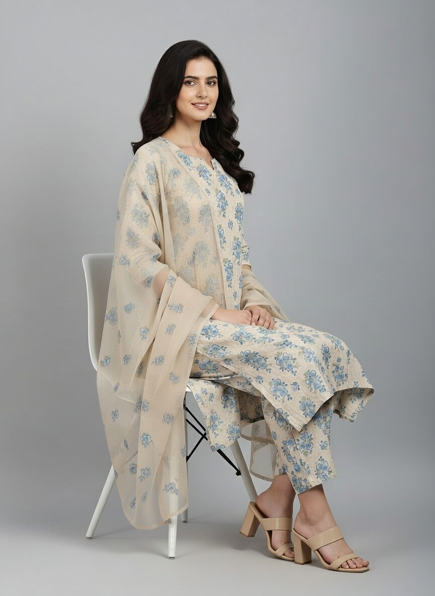 Breeze Lawn China Pure Dupatta Allover Embroidered 3PC Suit | Beige with Blue Floral Bunches Embroidery | Scattered Blue Flowers China Dupatta