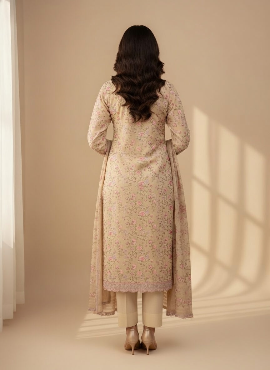 Breeze Lawn China Pure Allover Embroidered 3PC Suit | Cream Beige with Pink Purple Floral Embroidery | Scattered Floral ChinaDupatta