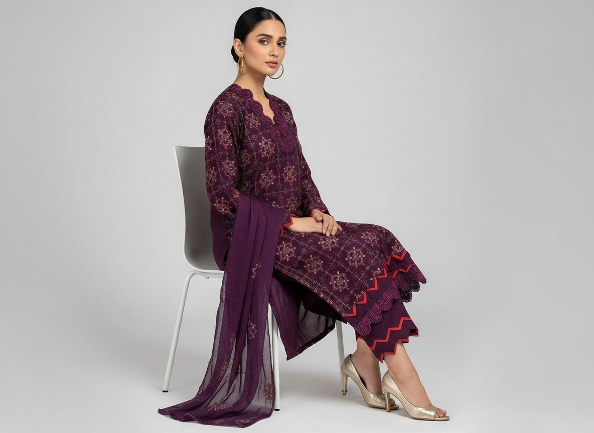 Manizay Premium Embroidered Karandi Suit | Gul Baag Purple with Embroidered Crinkle Dupatta | گل باغ