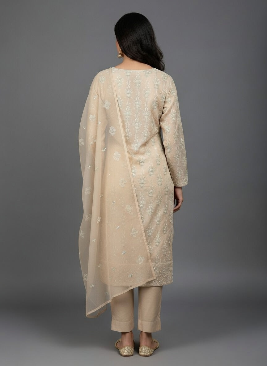 Breeze Lawn China Pure Dupatta Allover Embroidered 3PC Suit | Beige with Mint Green Floral Fan Embroidery | China Dupatta