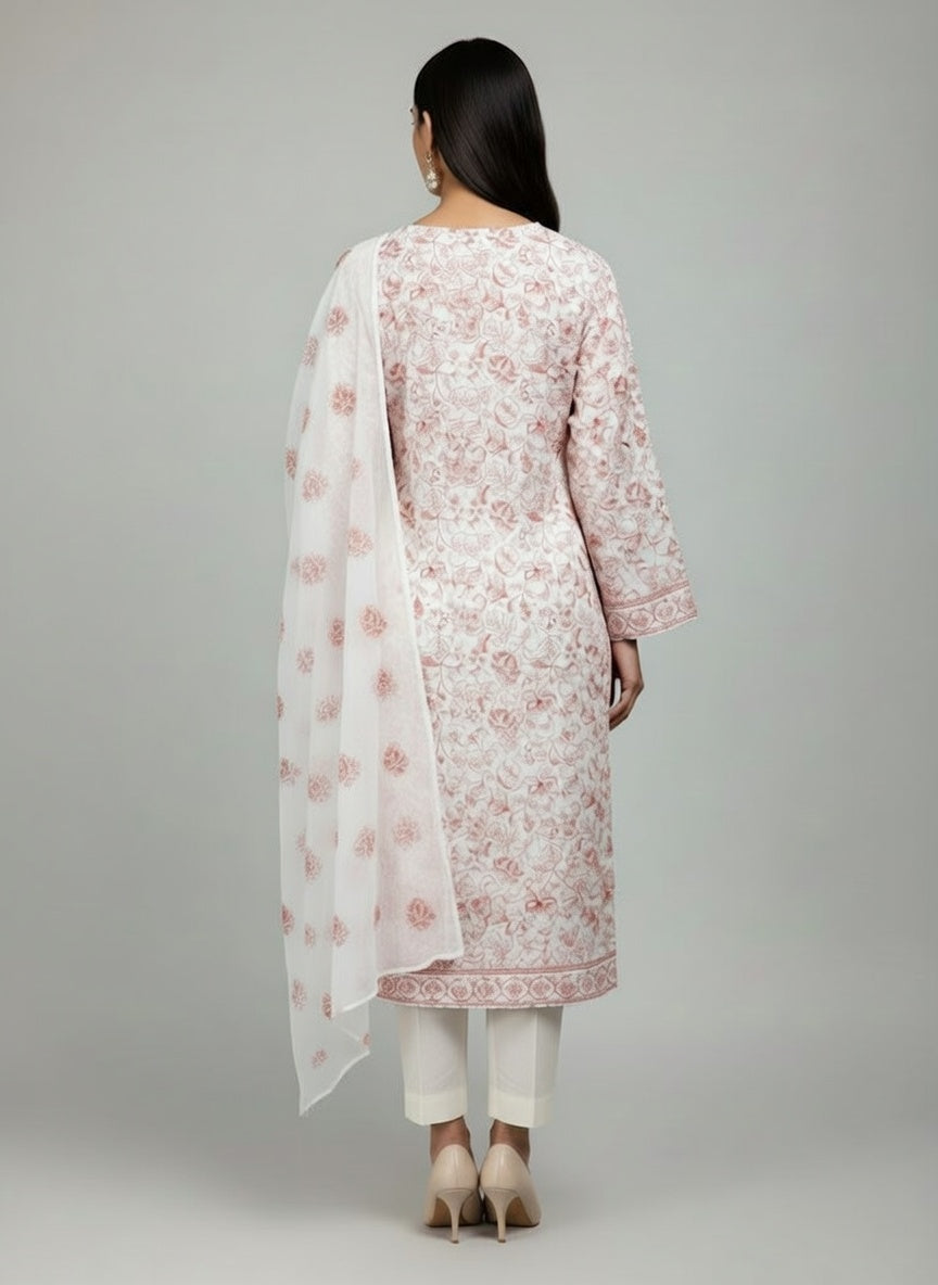 Bareeze Lawn China Pure Allover Embroidered 3PC Suit | Pure White with Pink Red Floral Embroidery | Scattered Pink Rose China Dupatta