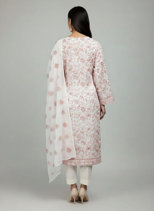 Bareeze Lawn China Pure Allover Embroidered 3PC Suit | Pure White with Pink Red Floral Embroidery | Scattered Pink Rose China Dupatta