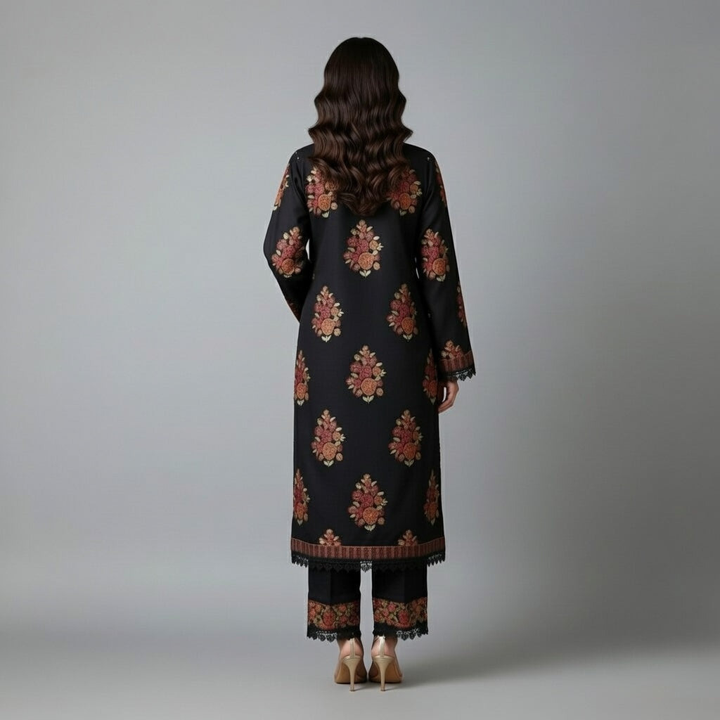 Premium Embroidered Karandi Suit | Black Multicolour Floral 3PC Unstitched | Full Embroidered Shawl