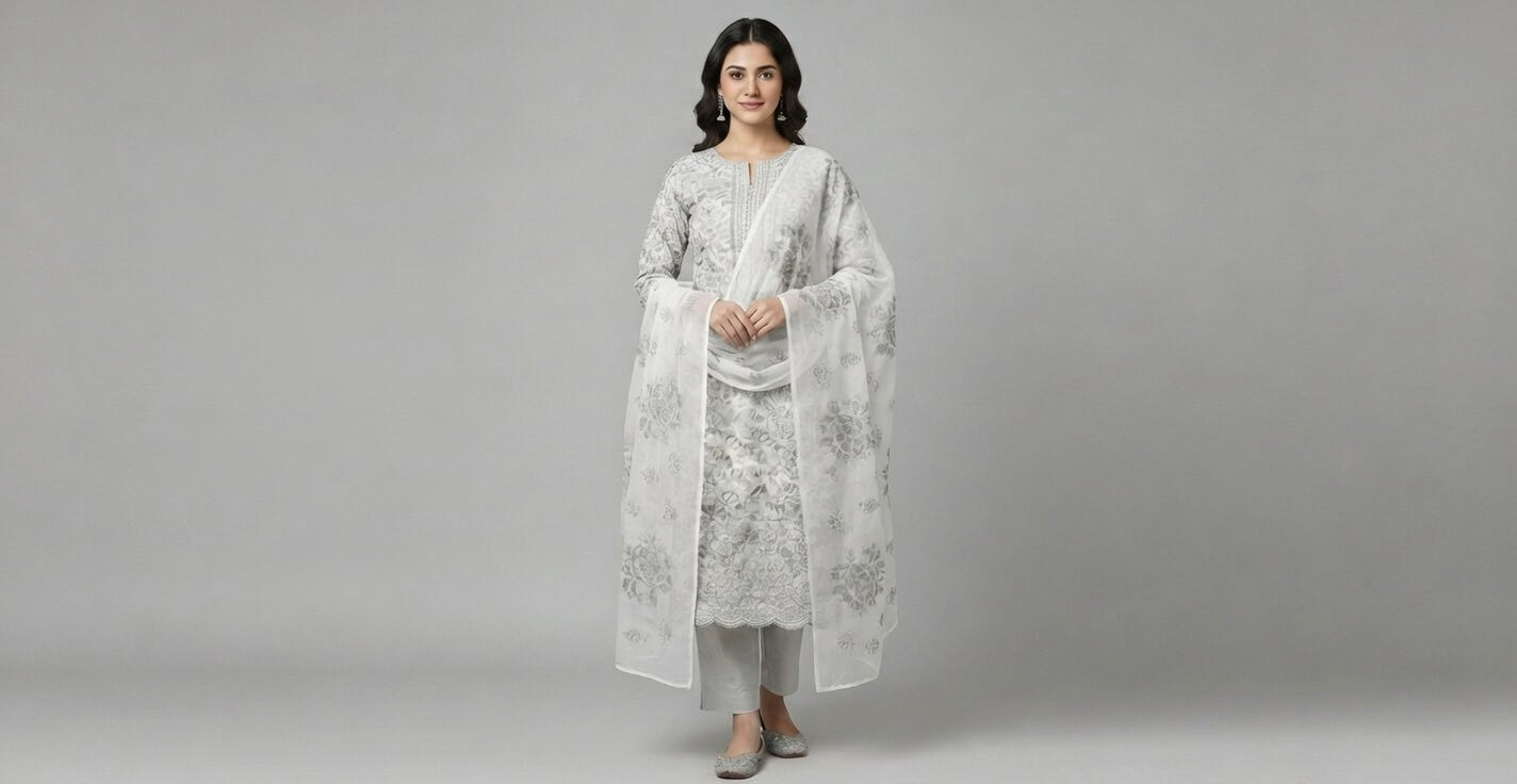 Breeze Lawn China Pure Allover Embroidered 3PC Suit | Off-White Ivory with Silver Grey Floral Paisley Embroidery | China Dupatta