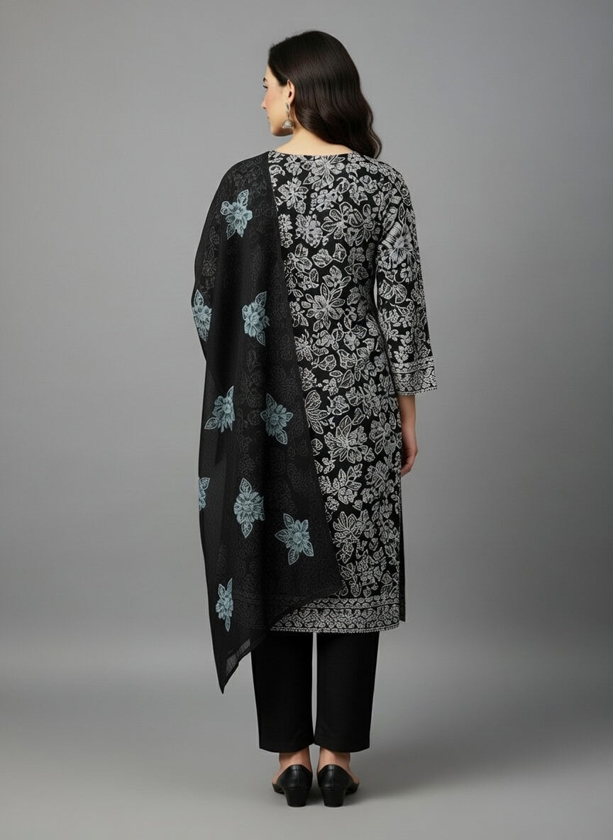 Breeze Lawn China Dai Pure Allover Embroidered 3PC Suit | Black with White Floral Embroidery | Scattered White Flowers China Dupatta