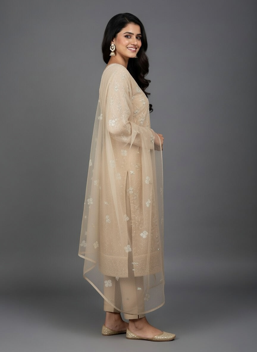 Breeze Lawn China Pure Dupatta Allover Embroidered 3PC Suit | Beige with Mint Green Floral Fan Embroidery | China Dupatta