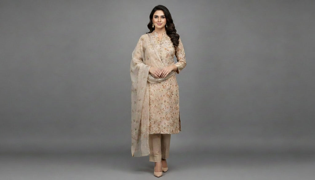 Breeze China Pure Lawn Suit | Light Taupe Beige Allover Multi-Tone Flower Embroidery | Premium Scattered Butterfly Floral China Dupatta 3-Piece Unstitched