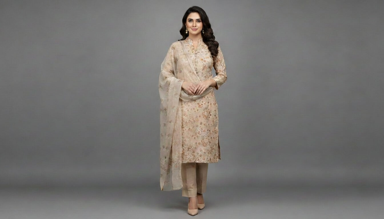 Breeze China Pure Lawn Suit | Light Taupe Beige Allover Multi-Tone Flower Embroidery | Premium Scattered Butterfly Floral China Dupatta 3-Piece Unstitched
