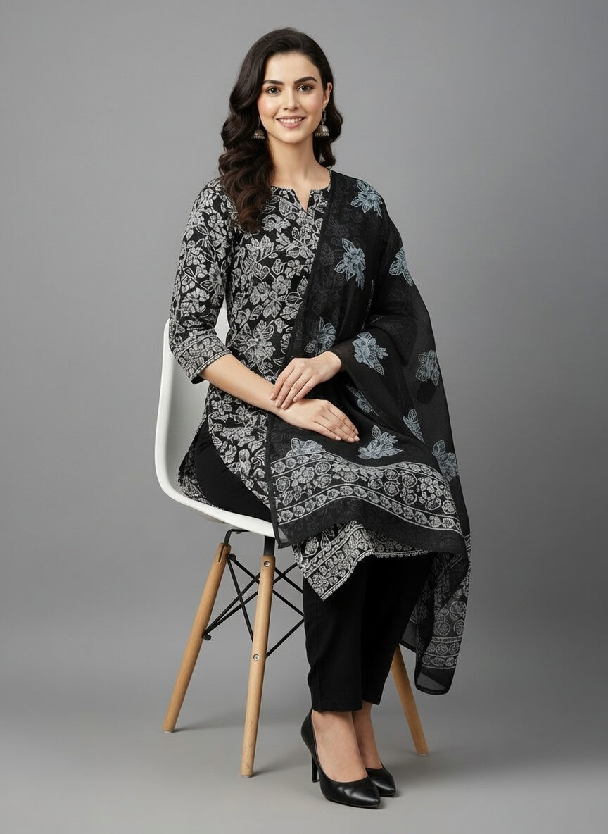 Breeze Lawn China Dai Pure Allover Embroidered 3PC Suit | Black with White Floral Embroidery | Scattered White Flowers China Dupatta