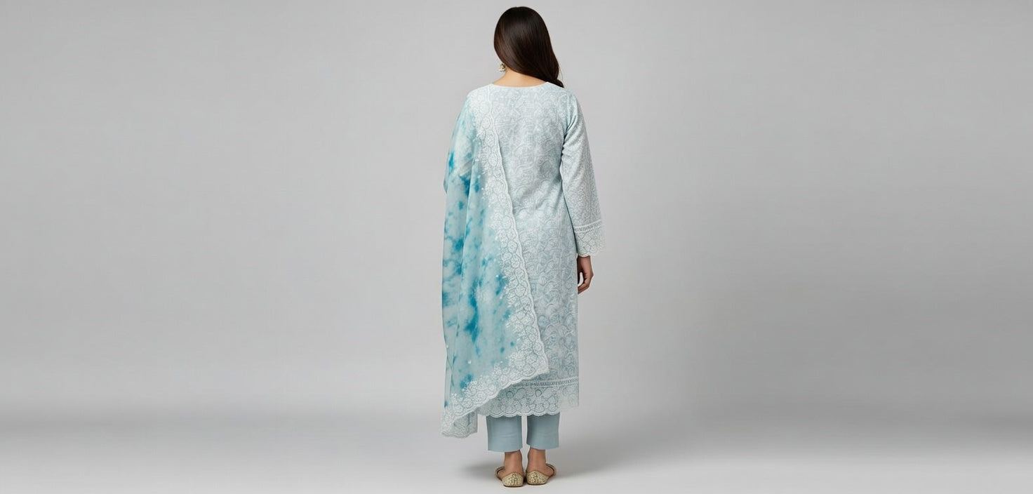 Breeze Lawn China Pure Allover Embroidered 3PC Suit | Light Blue Grey with White Paisley Embroidery | China Dupatta