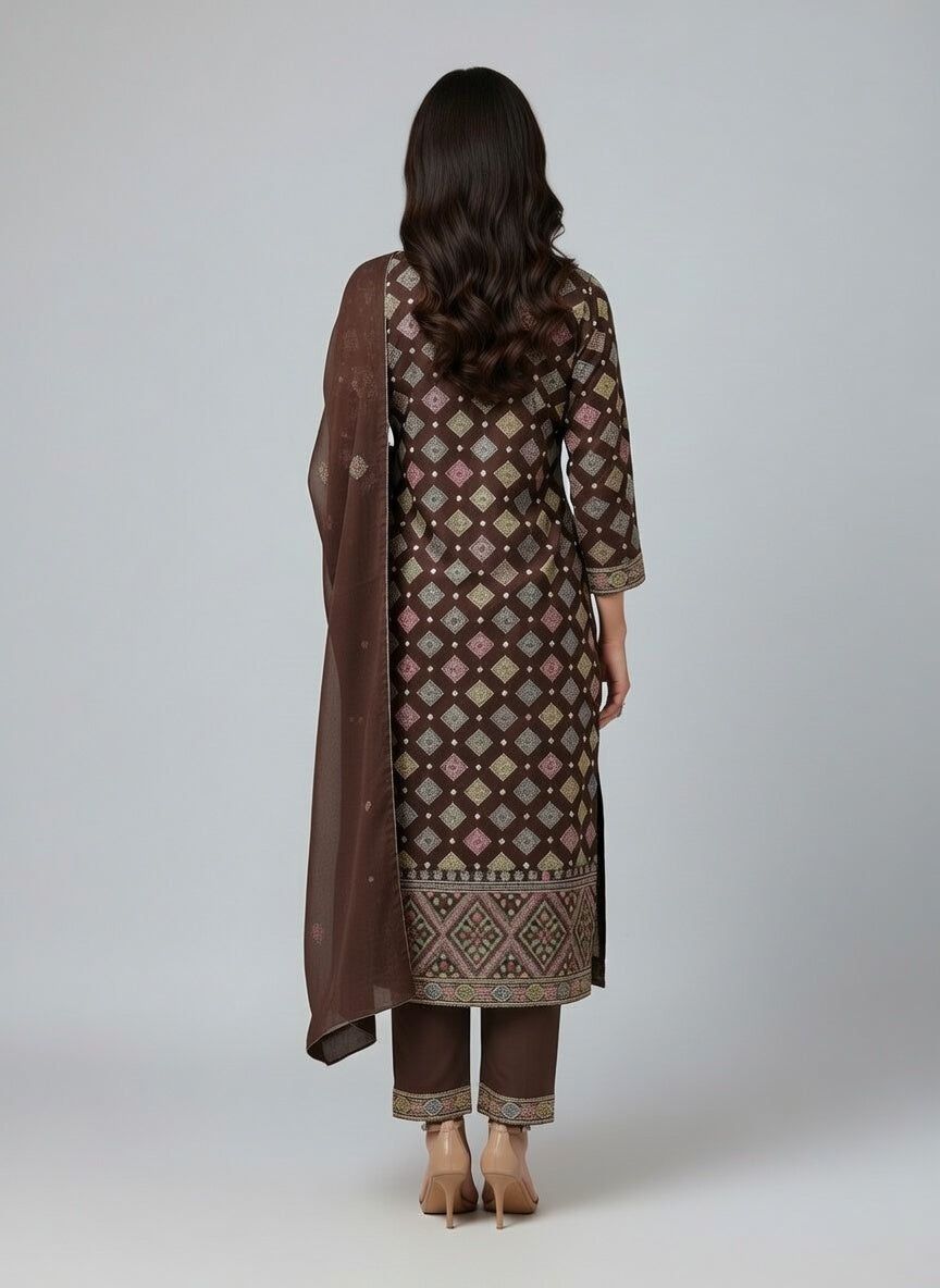Premium Embroidered Karandi Suit | Chocolate Brown Allover 3PC Unstitched | Pure china Chiffon Dupatta