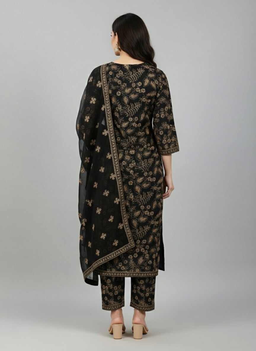 Breeze Lawn China Pure Dupatta Allover Embroidered 3PC Suit | Black with Golden Floral Leaf Fern Embroidery | China Dupatta