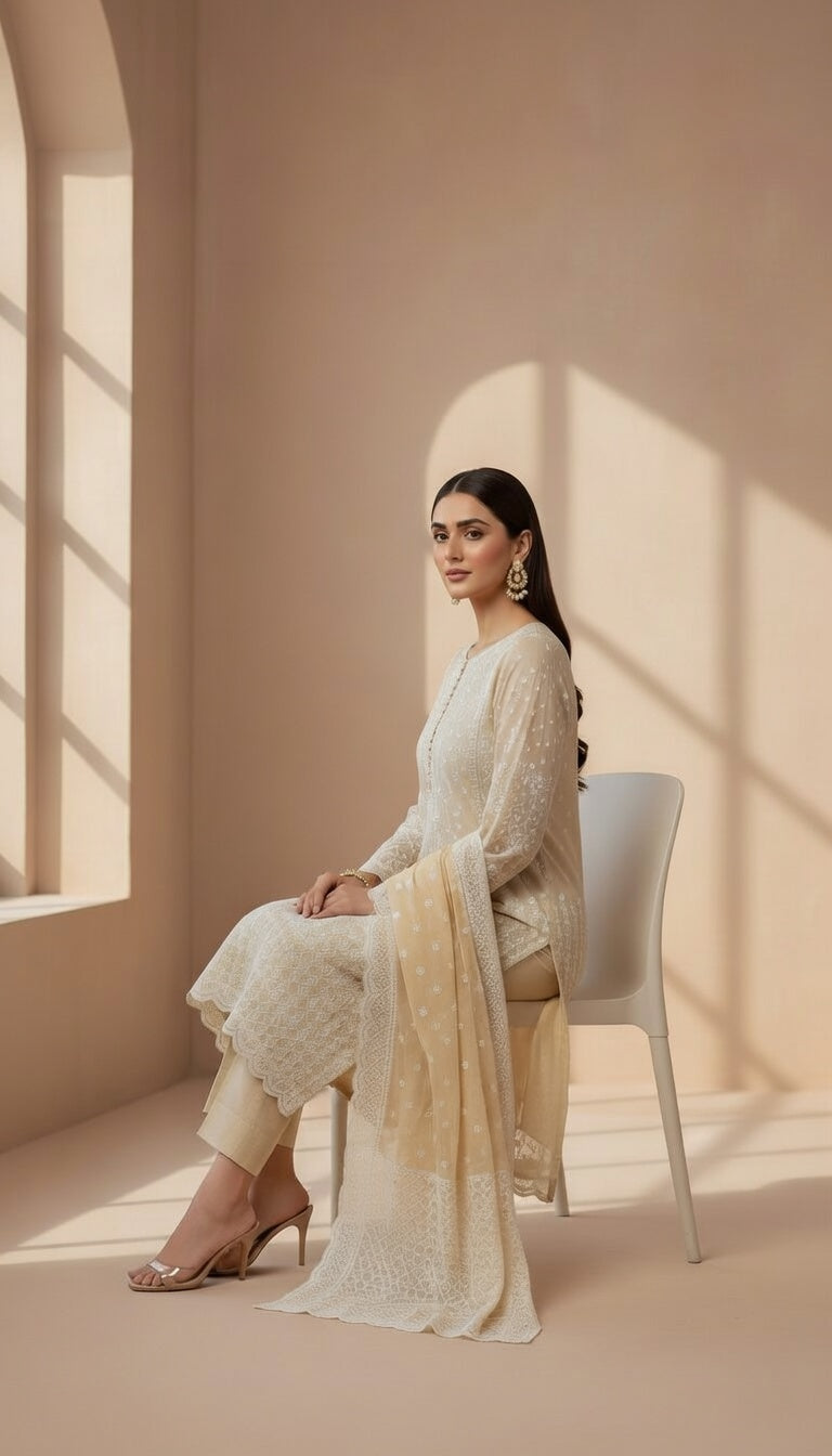 Breeze Lawn China Pure Allover Embroidered 3PC Suit | Light Mustard Yellow with White Chickenkari Lattice Embroidery | Scattered White Floral China Dupatta