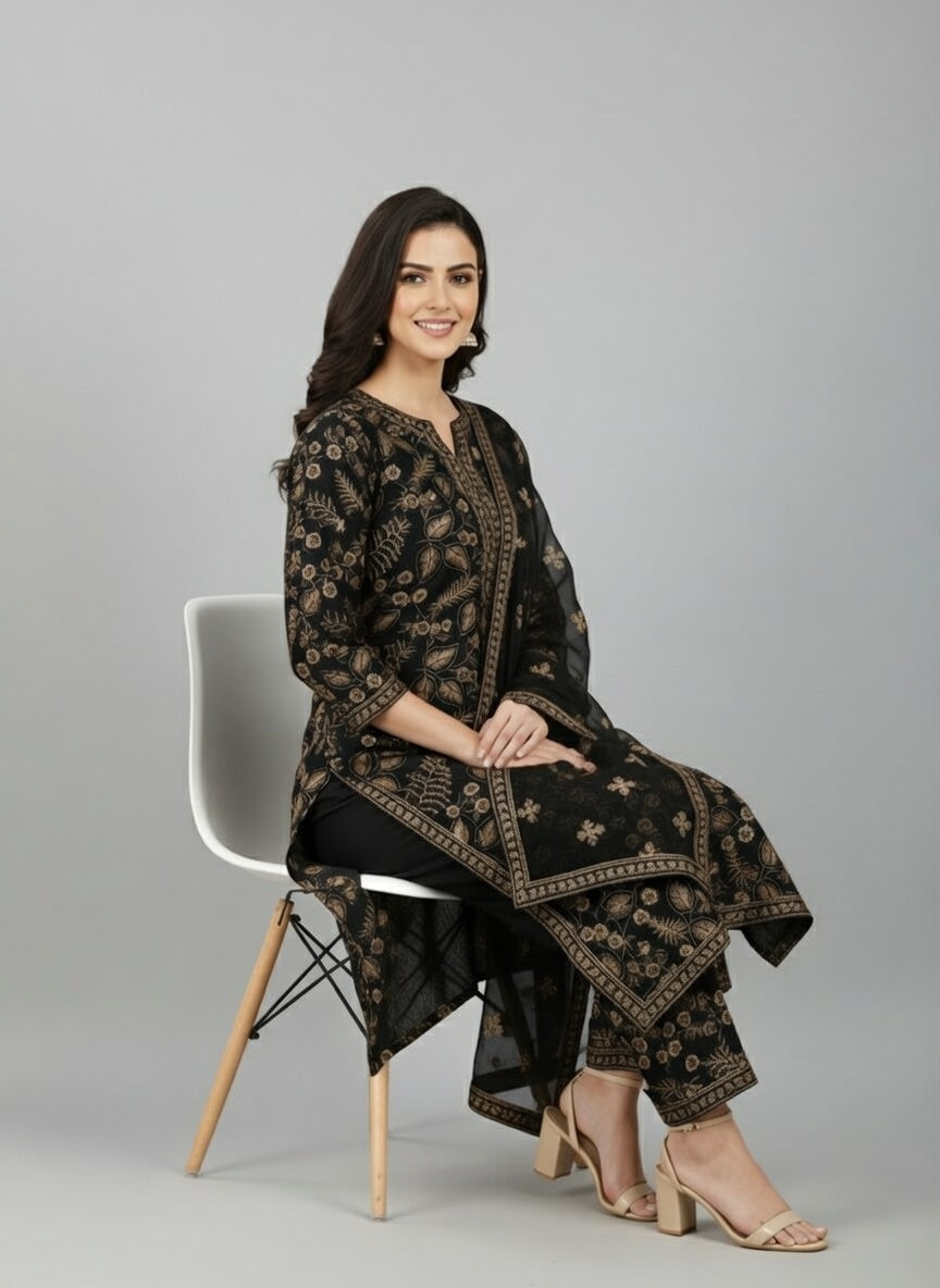 Breeze Lawn China Pure Dupatta Allover Embroidered 3PC Suit | Black with Golden Floral Leaf Fern Embroidery | China Dupatta