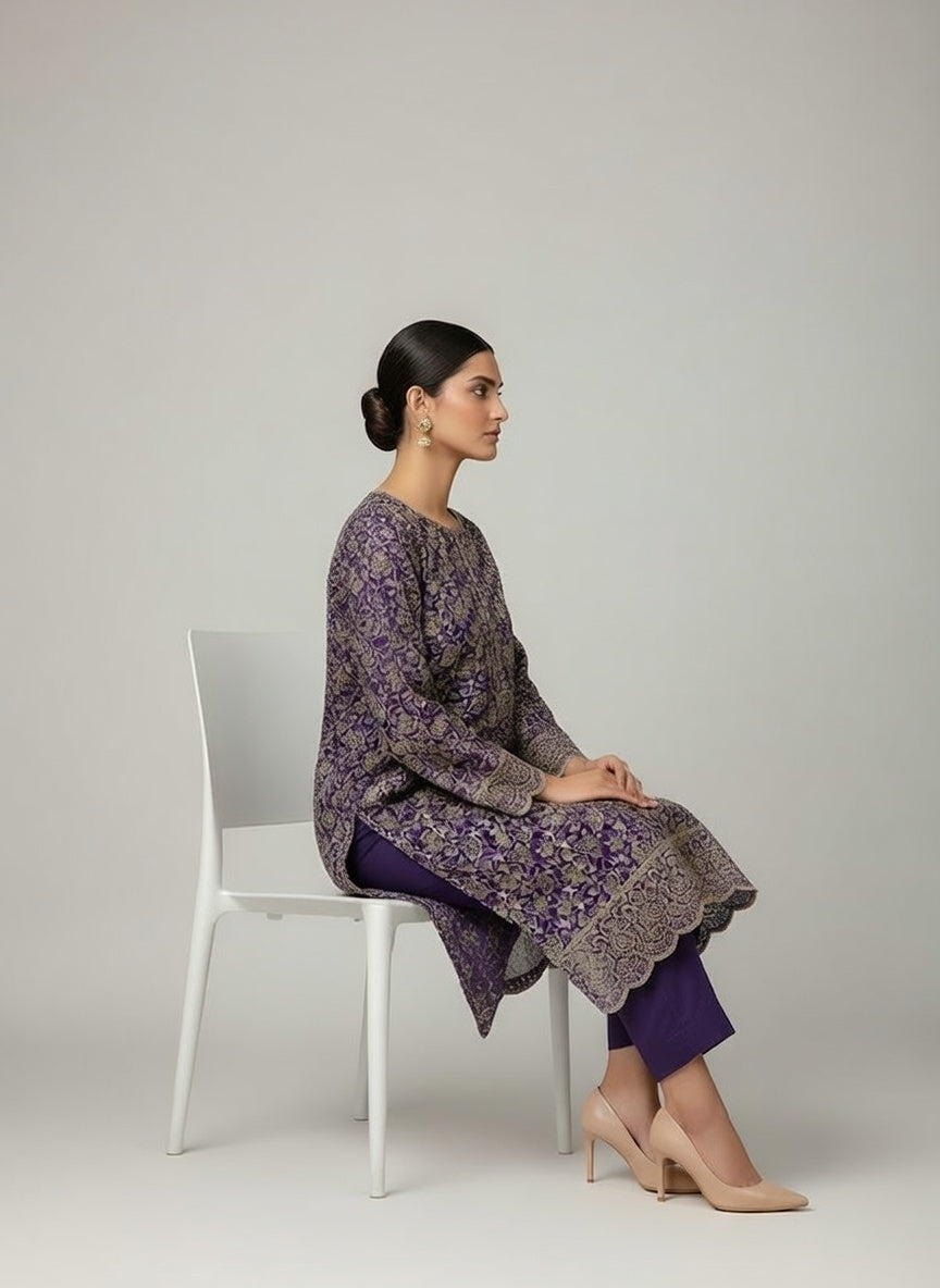 Bareeze Lawn China Pure Allover Embroidered 3PC Suit | Deep Purple with Beige White Floral Embroidery | China Dupatta
