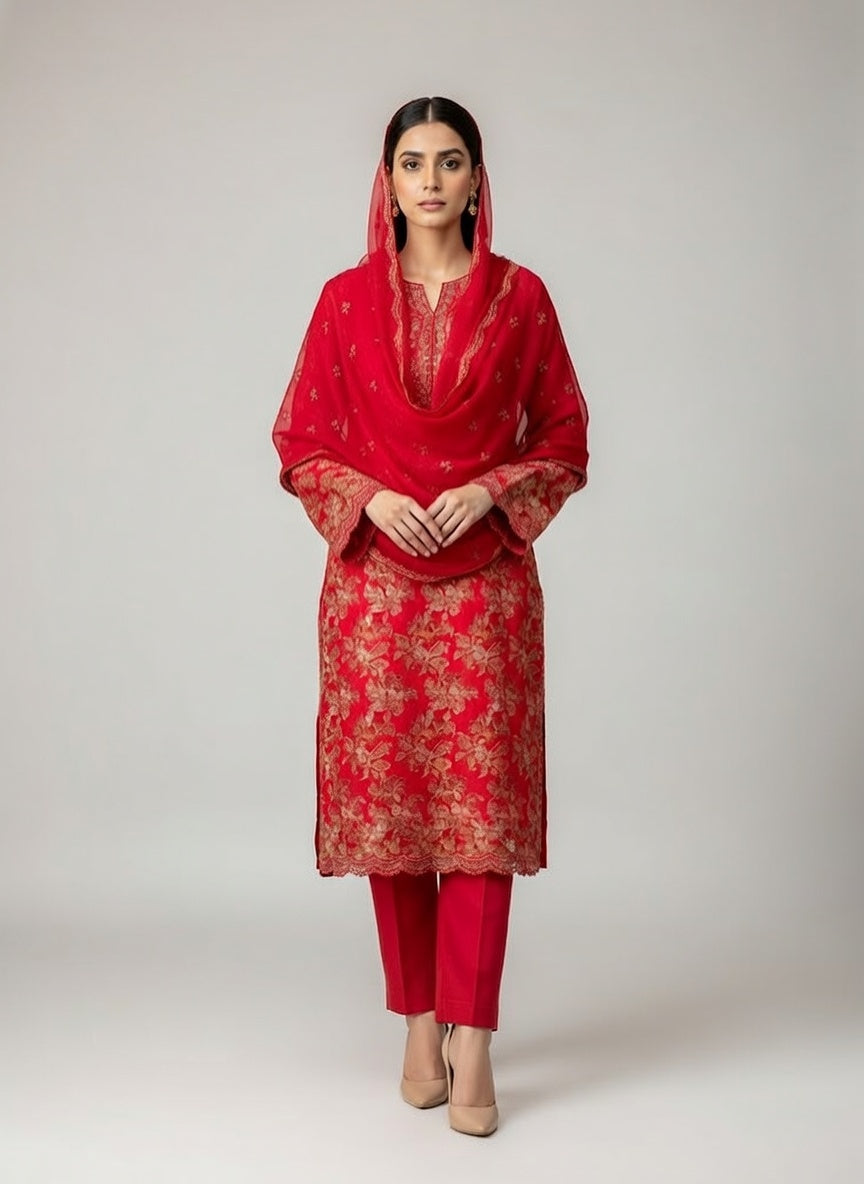 Bareeze Lawn China Pure Allover Embroidered 3PC Suit | Bright Red with Multi-Color Pink Peach Orange Floral Embroidery | Scattered Floral Bouquet China Dupatta