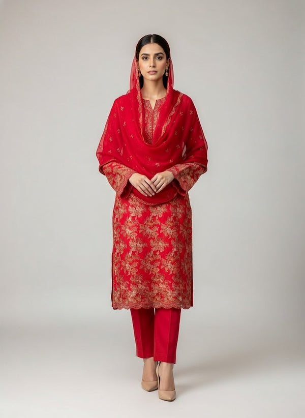 Bareeze Lawn China Pure Allover Embroidered 3PC Suit | Bright Red with Multi-Color Pink Peach Orange Floral Embroidery | Scattered Floral Bouquet China Dupatta