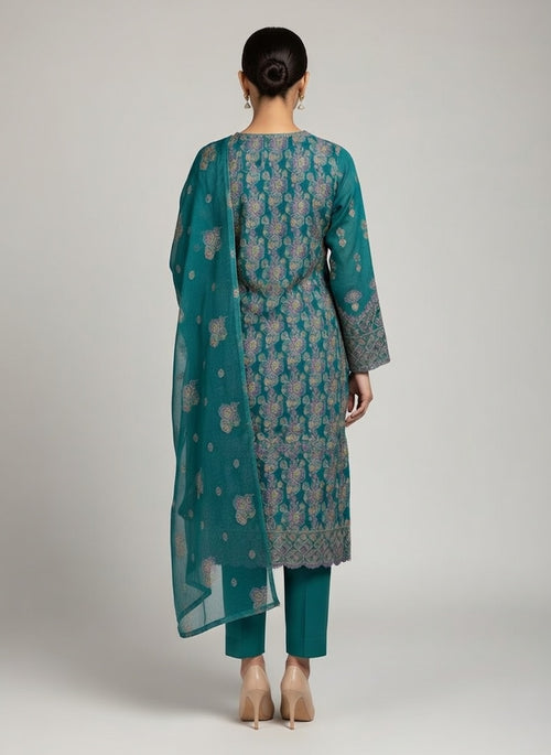 Bareeze Lawn China Pure Allover Embroidered 3PC Suit | Teal Turquoise with Purple Gold Floral Geometric Embroidery | Scattered Floral Chiffon Dupatta
