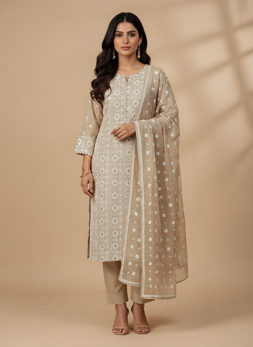 Breeze Lawn China Pure Allover Embroidered 3PC Suit | Camel Beige with White Chickenkari Floral Stripe Embroidery | Scattered Floral Lace Border China Dupatta