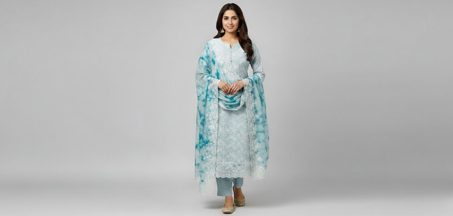 Breeze Lawn China Pure Allover Embroidered 3PC Suit | Light Blue Grey with White Paisley Embroidery | China Dupatta