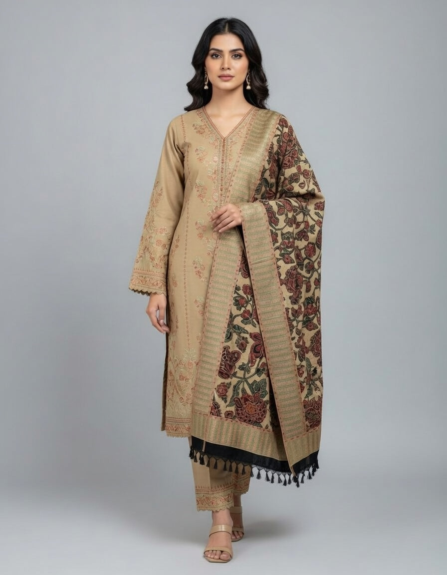 Premium Embroidered Karandi Suit | Beige Multicolour Floral Cutwork 3PC Unstitched