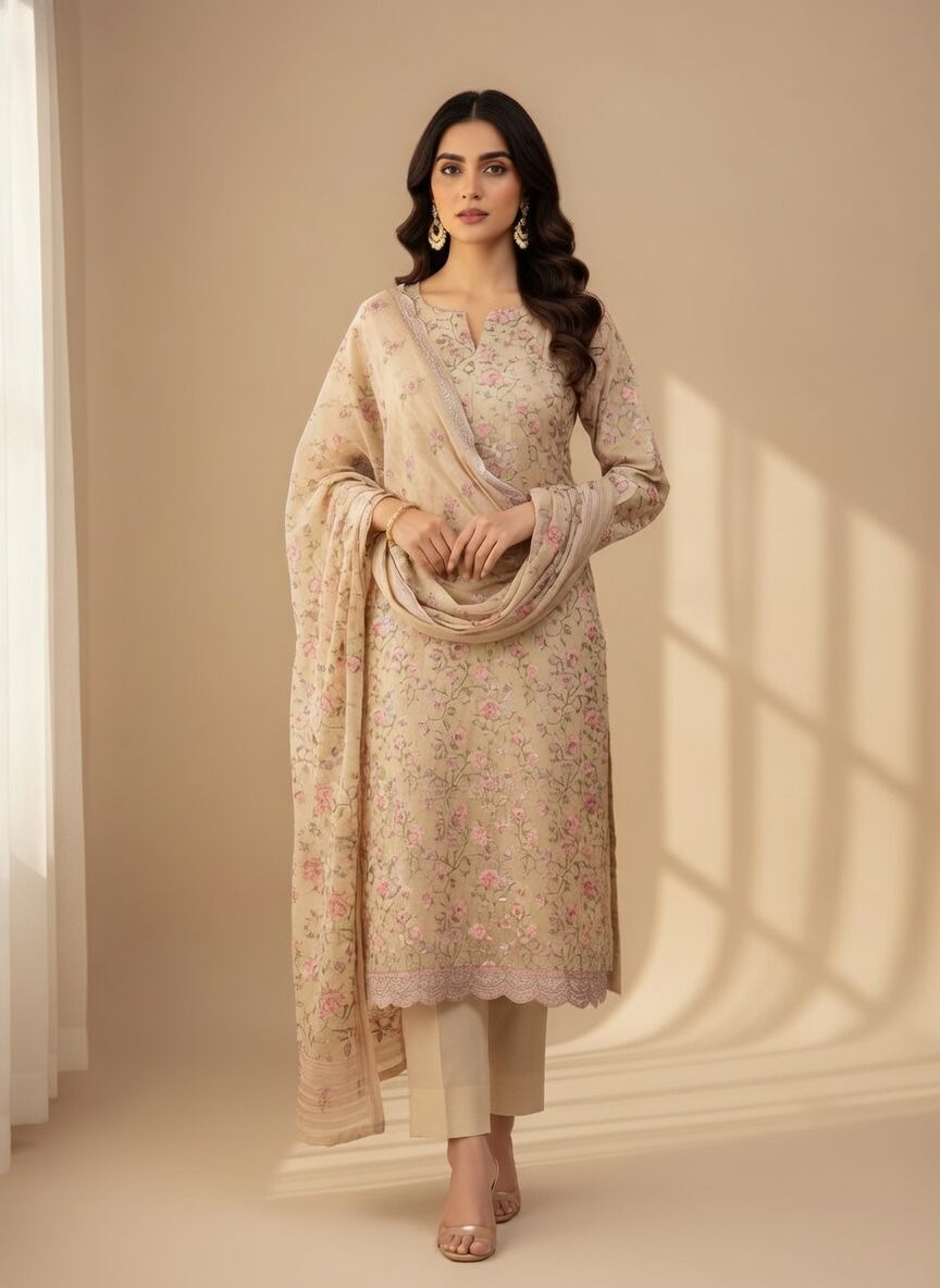 Breeze Lawn China Pure Allover Embroidered 3PC Suit | Cream Beige with Pink Purple Floral Embroidery | Scattered Floral ChinaDupatta