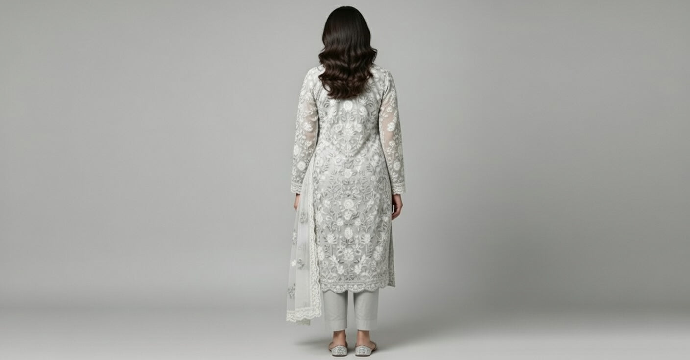 Breeze Lawn China Pure Allover Embroidered 3PC Suit | Off-White Ivory with Silver Grey Floral Paisley Embroidery | China Dupatta