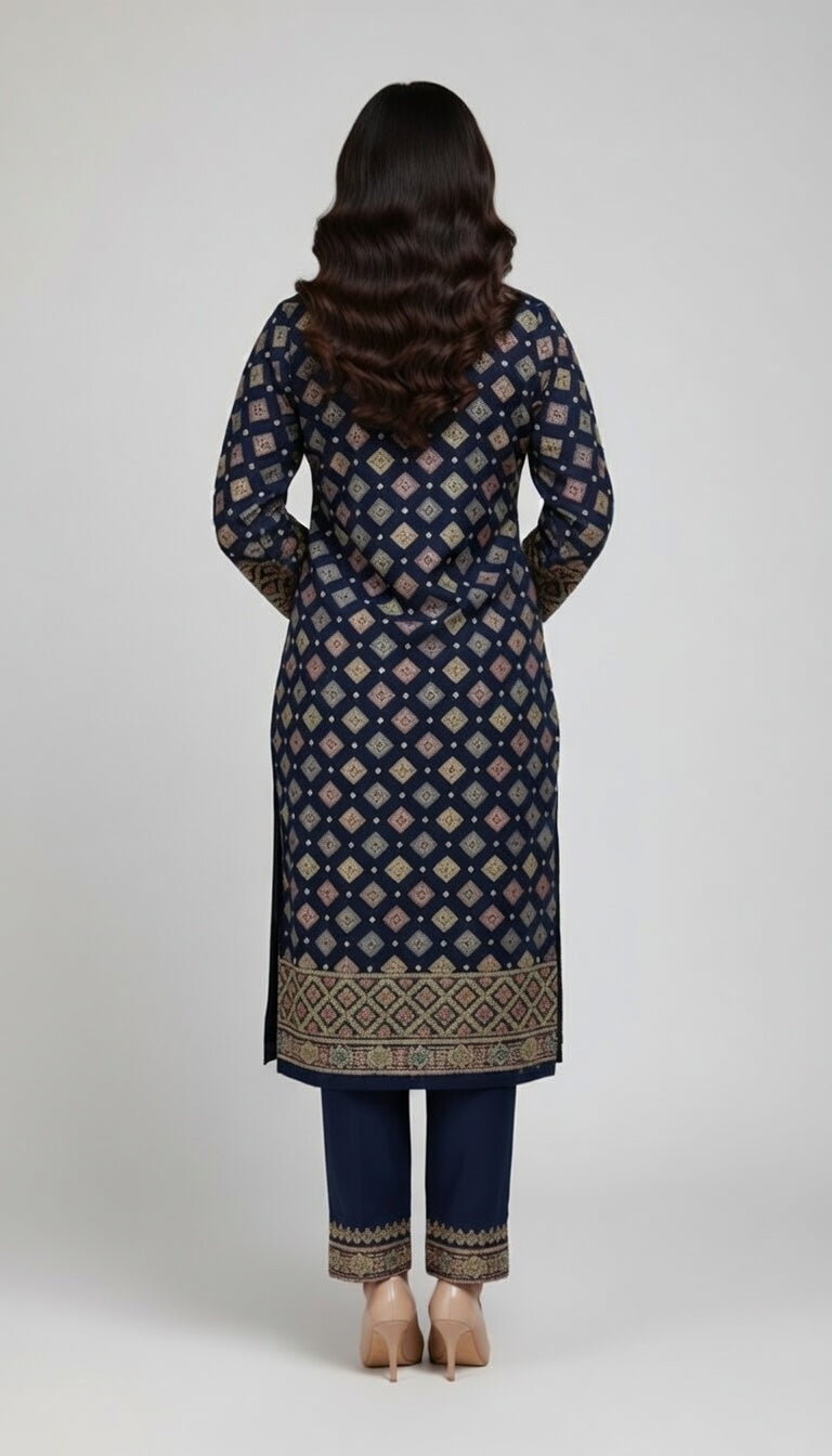 Premium Embroidered Karandi Suit China | Navy Blue Allover 3PC Unstitched | Pure china Chiffon Dupatta