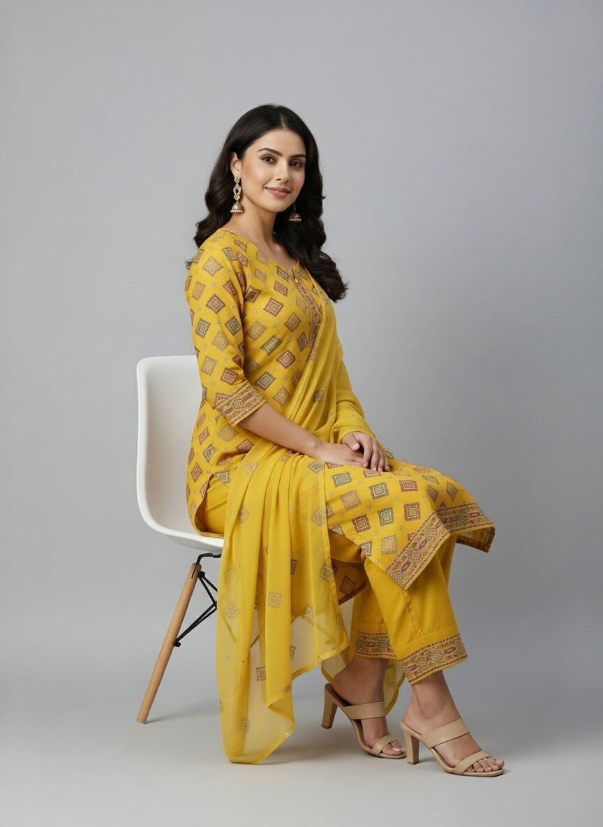 Premium Embroidered Karandi Suit | Mustard Yellow Allover 3PC Unstitched | Pure Dupatta