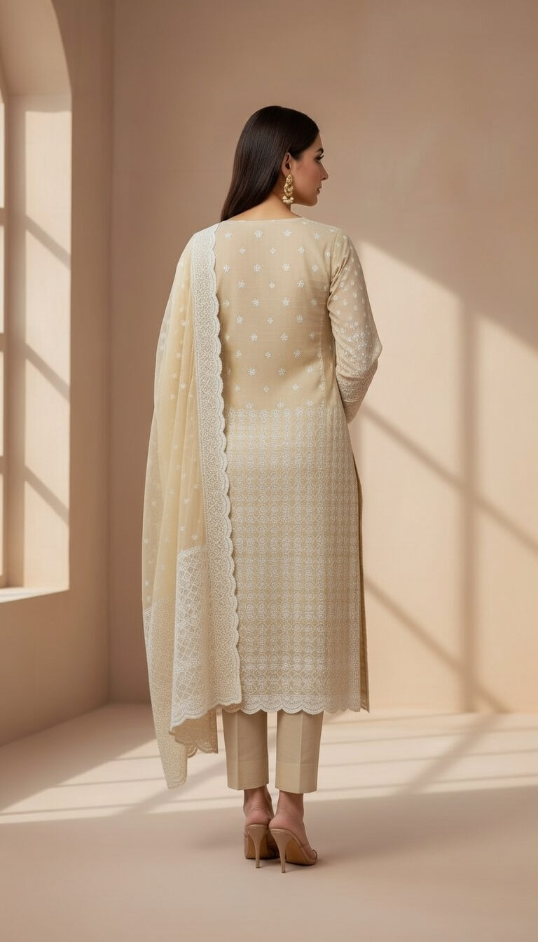 Breeze Lawn China Pure Allover Embroidered 3PC Suit | Light Mustard Yellow with White Chickenkari Lattice Embroidery | Scattered White Floral China Dupatta