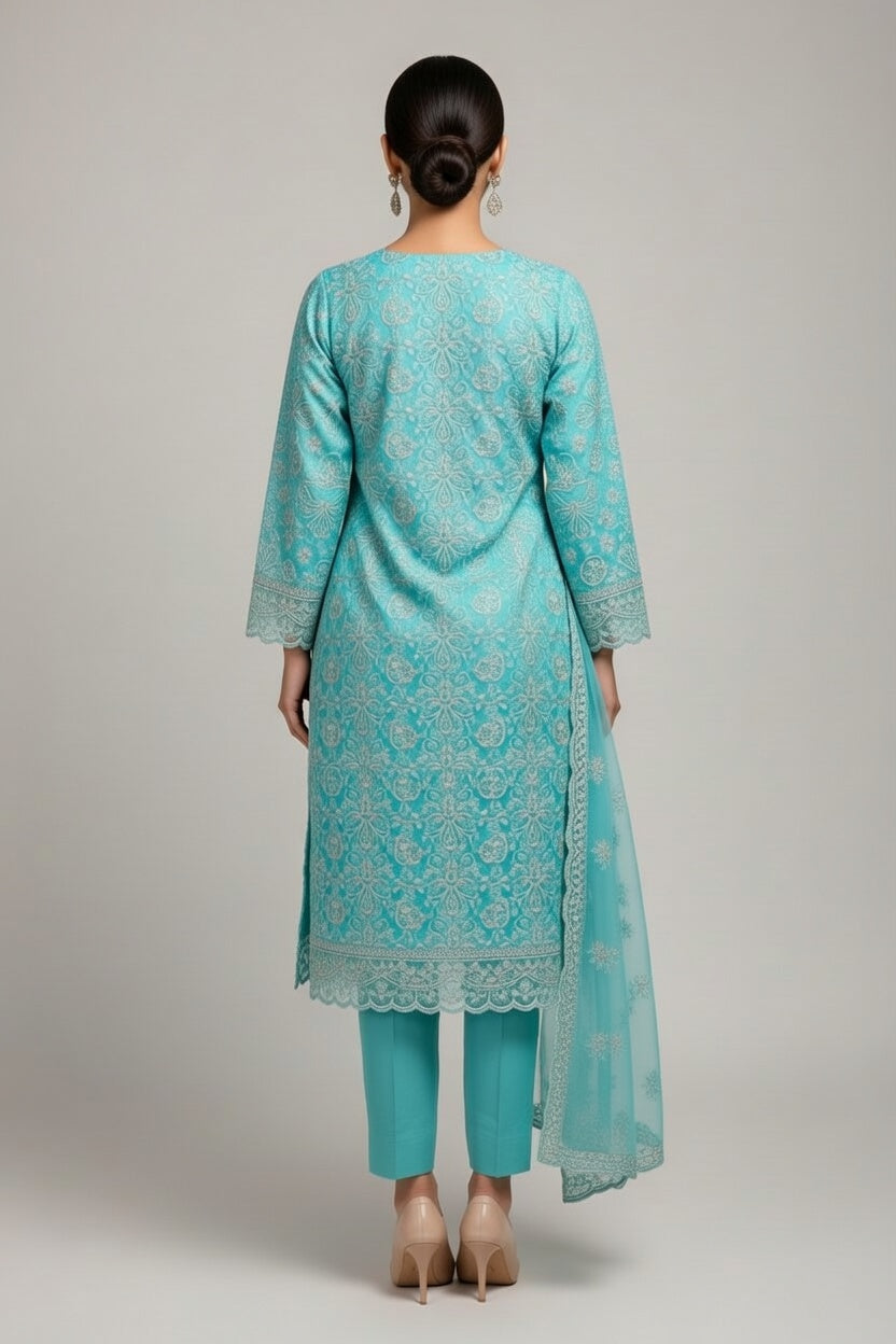 Bareeze Lawn China Pure Allover Embroidered 3PC Suit | Light Turquoise Aqua with White Silver Floral Paisley Embroidery | China Dupatta