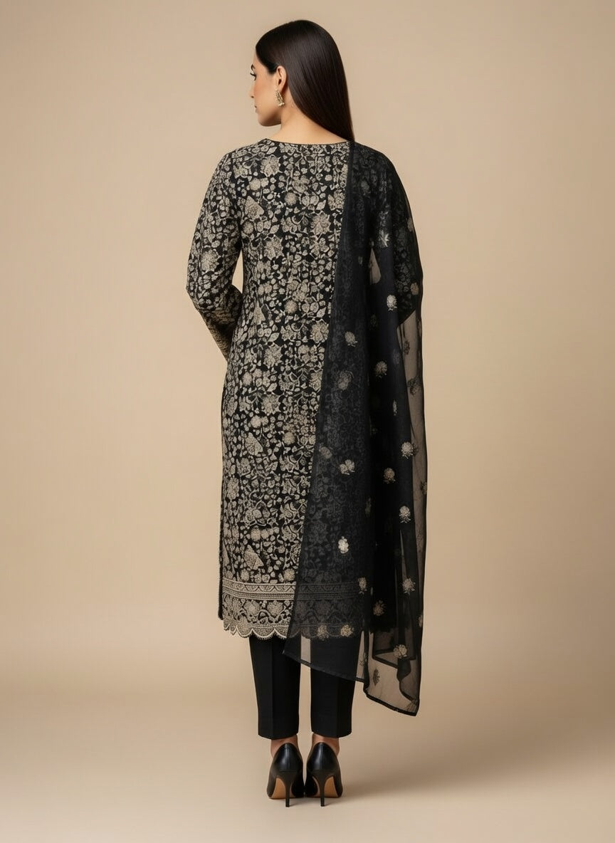 Breeze Lawn China Pure Allover Embroidered 3PC Suit | Deep Navy Blue with Beige White Floral Embroidery | Scattered Large Floral China Dupatta