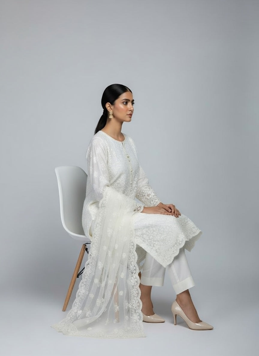 Bareeze Lawn China Pure Allover Embroidered 3PC Suit | Light Grey with White Gold Floral Embroidery | Scattered Large Floral China Dupatta