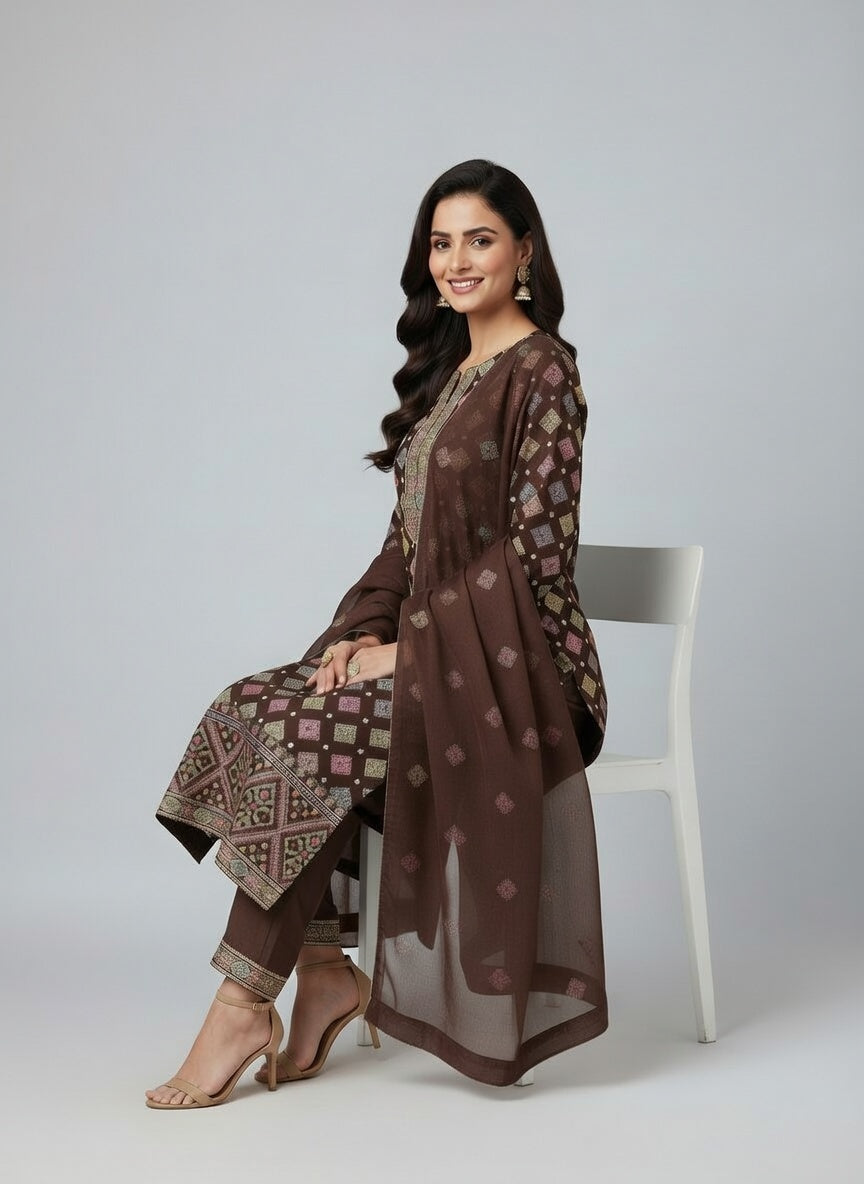 Premium Embroidered Karandi Suit | Chocolate Brown Allover 3PC Unstitched | Pure china Chiffon Dupatta
