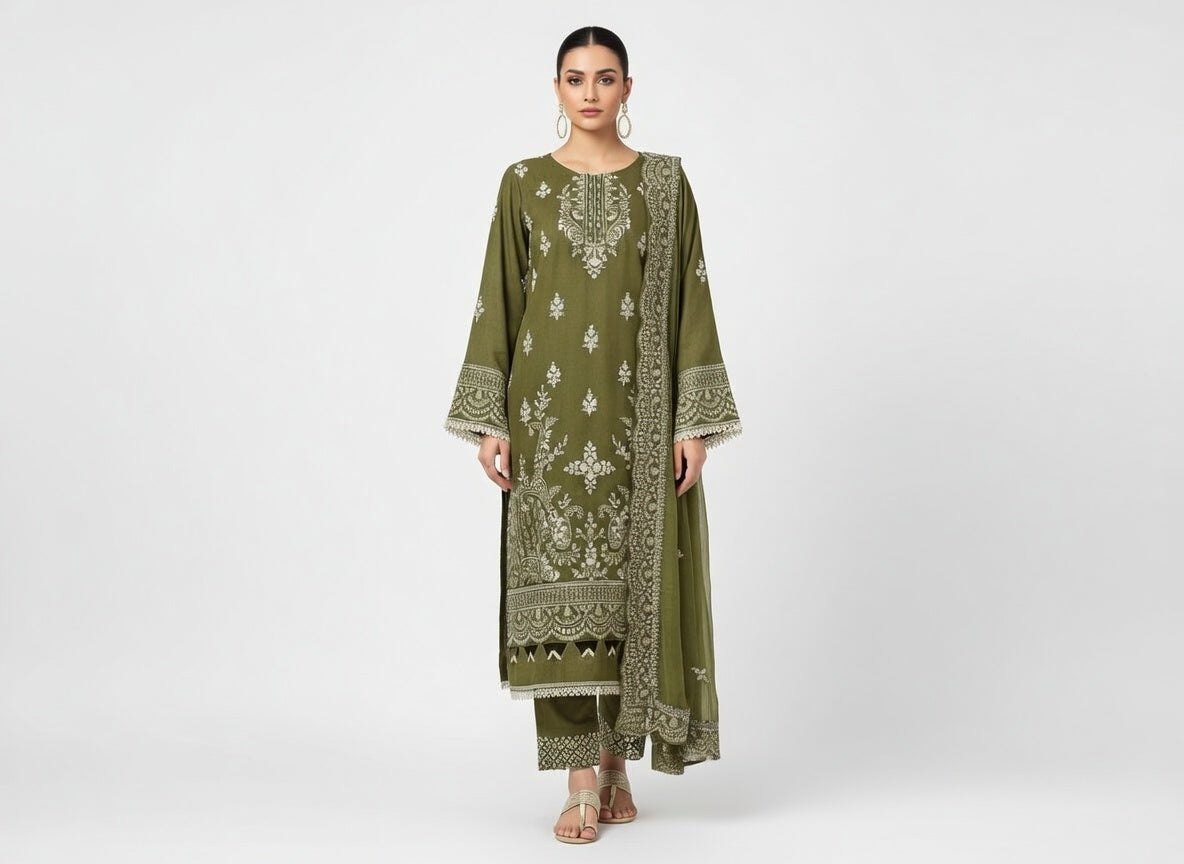 Manizay Premium Embroidered Karandi Suit | Olive Green with Embroidered Chiffon Dupatta | اندازِ ہوا