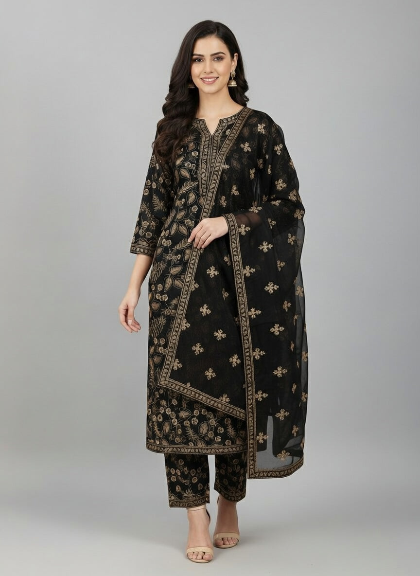Breeze Lawn China Pure Dupatta Allover Embroidered 3PC Suit | Black with Golden Floral Leaf Fern Embroidery | China Dupatta