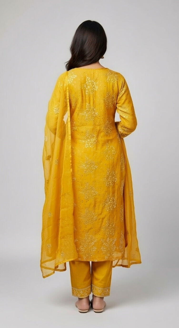Breeze Lawn China Pure Dupatta Allover Pearl Embroidered 3PC Suit | Mustard Yellow  | Scattered Pearl China Dupatta