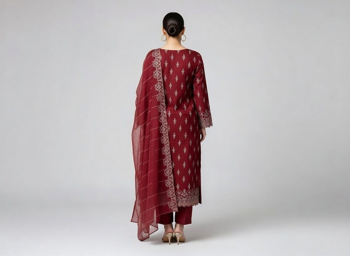 Manizay Premium Embroidered Karandi Suit | Maroon Red with Heavy Embroidered Chiffon Dupatta | اندازِ اندازہ