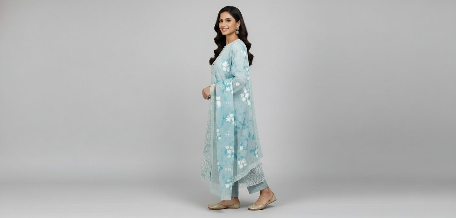 Breeze Lawn China Pure Allover Embroidered 3PC Suit | Light Blue Grey with White Paisley Embroidery | China Dupatta