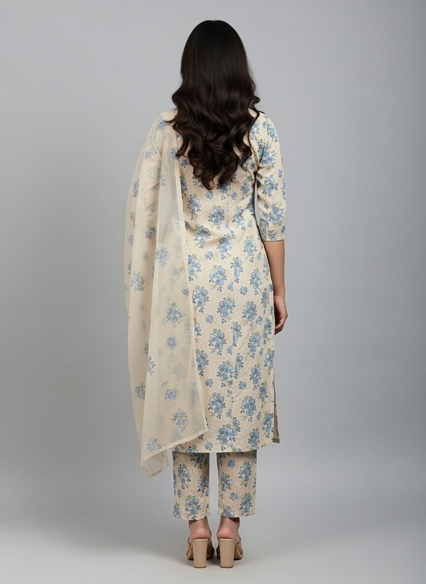 Breeze Lawn China Pure Dupatta Allover Embroidered 3PC Suit | Beige with Blue Floral Bunches Embroidery | Scattered Blue Flowers China Dupatta