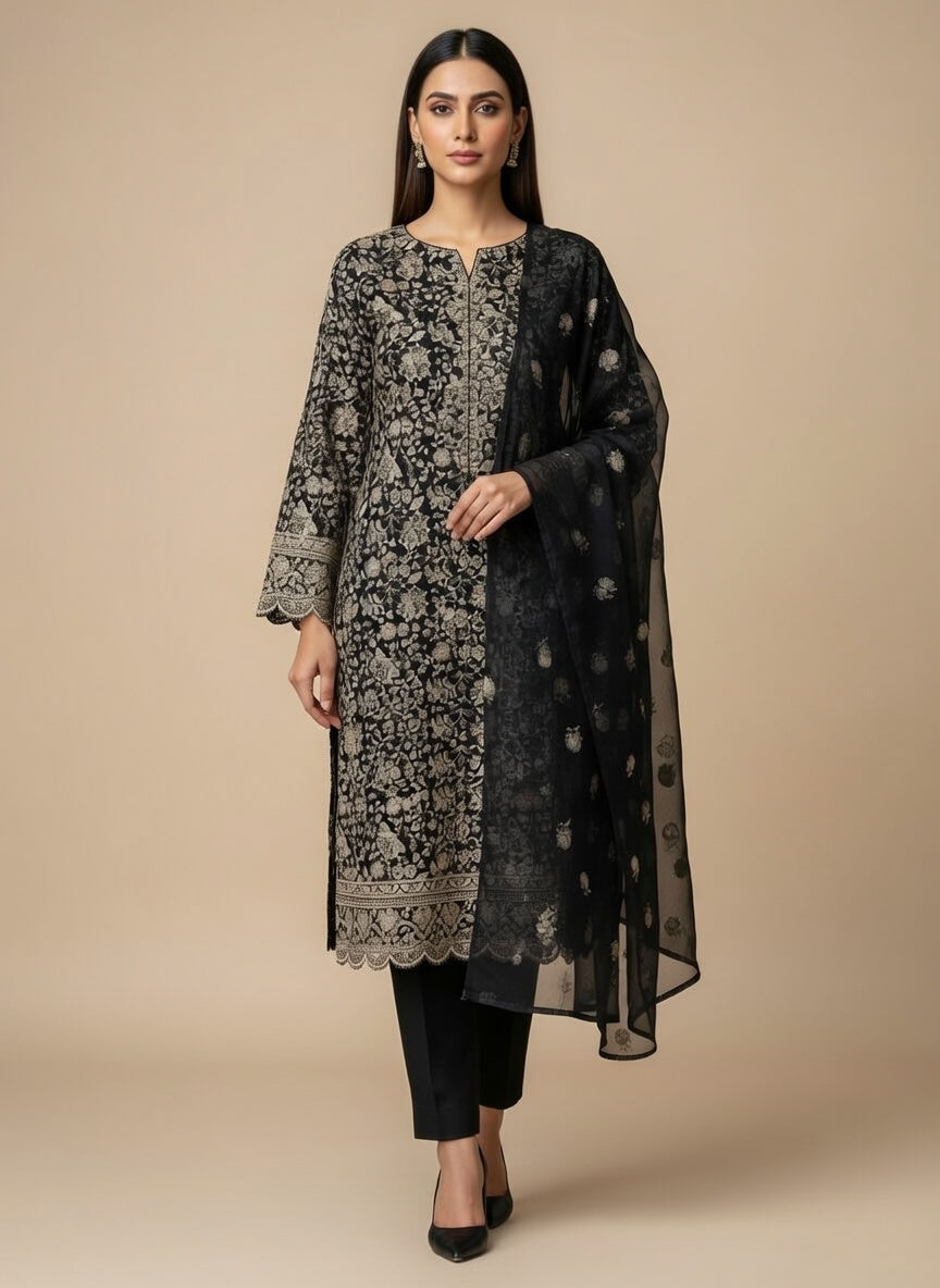 Breeze Lawn China Pure Allover Embroidered 3PC Suit | Deep Navy Blue with Beige White Floral Embroidery | Scattered Large Floral China Dupatta
