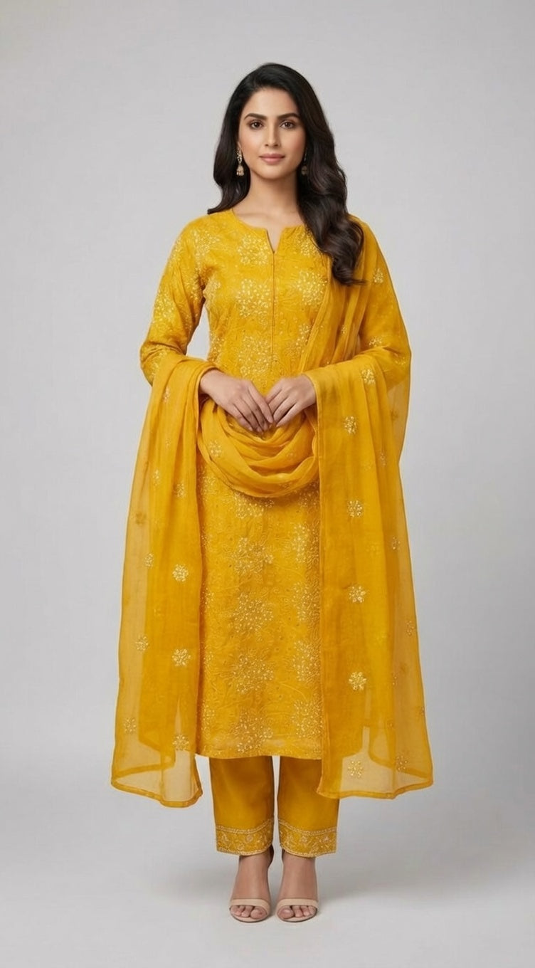 Breeze Lawn China Pure Dupatta Allover Pearl Embroidered 3PC Suit | Mustard Yellow  | Scattered Pearl China Dupatta