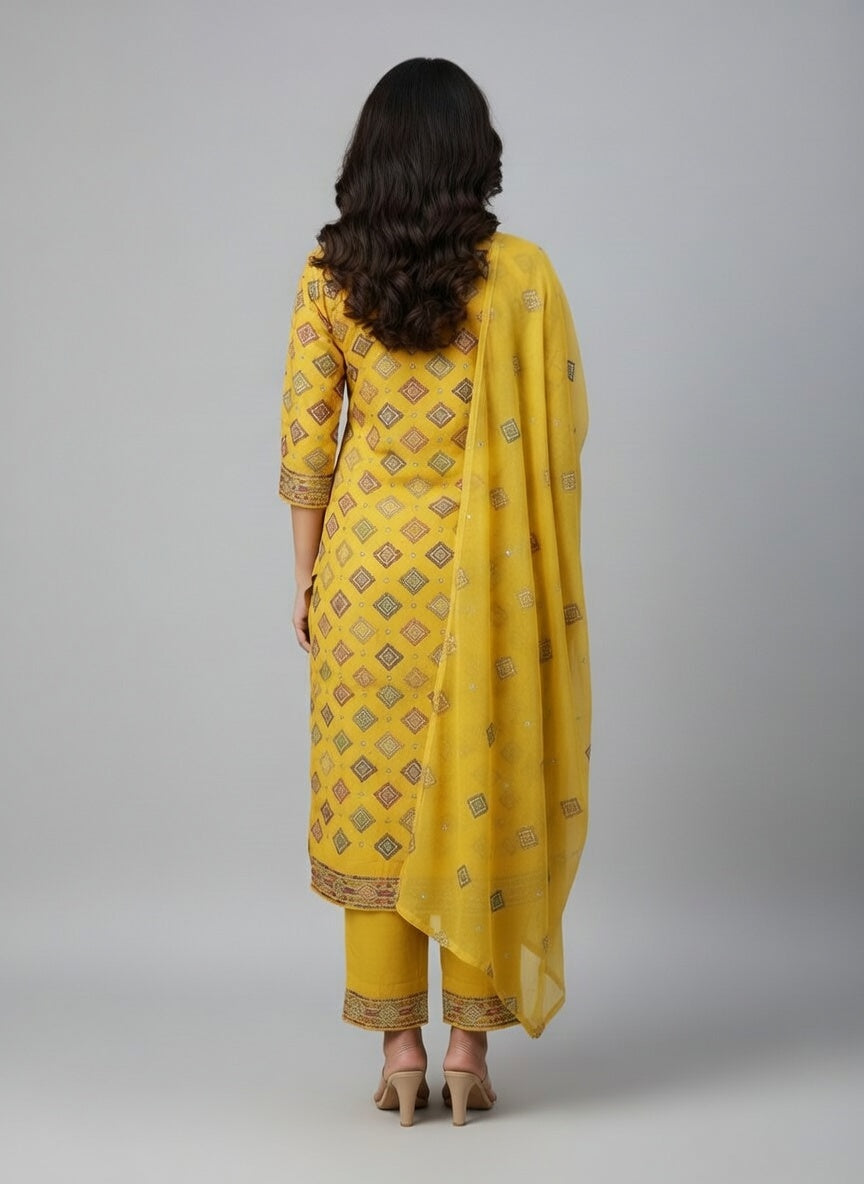 Premium Embroidered Karandi Suit | Mustard Yellow Allover 3PC Unstitched | Pure Dupatta