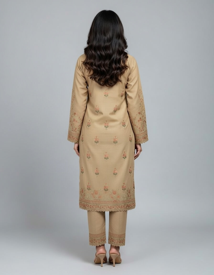 Premium Embroidered Karandi Suit | Beige Multicolour Floral Cutwork 3PC Unstitched