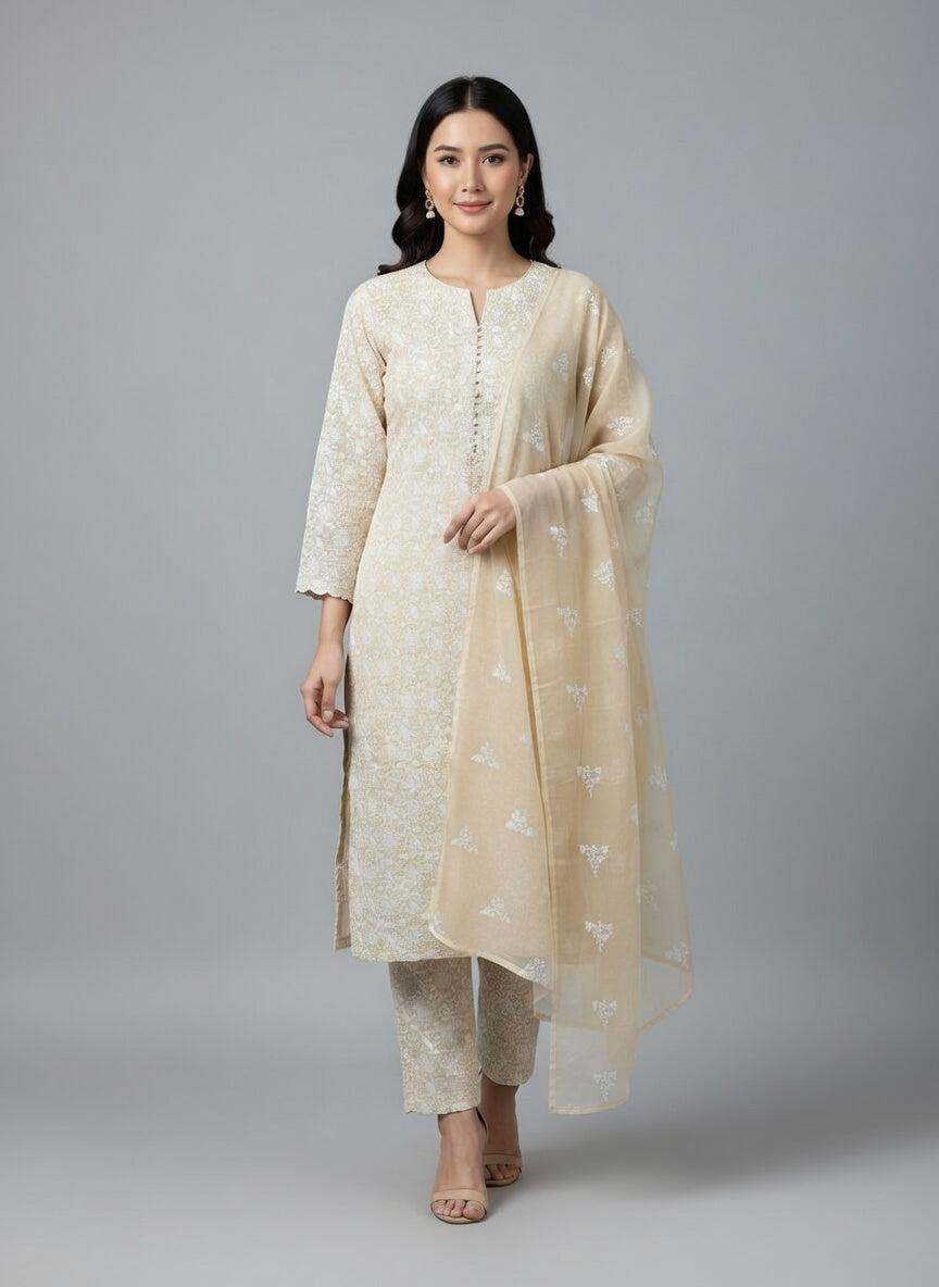 Breeze Lawn China Pure Dupatta Allover Embroidered 3PC Suit | Beige with White Butterfly & Floral Sunburst Embroidery | Scattered Motif China Dupatta