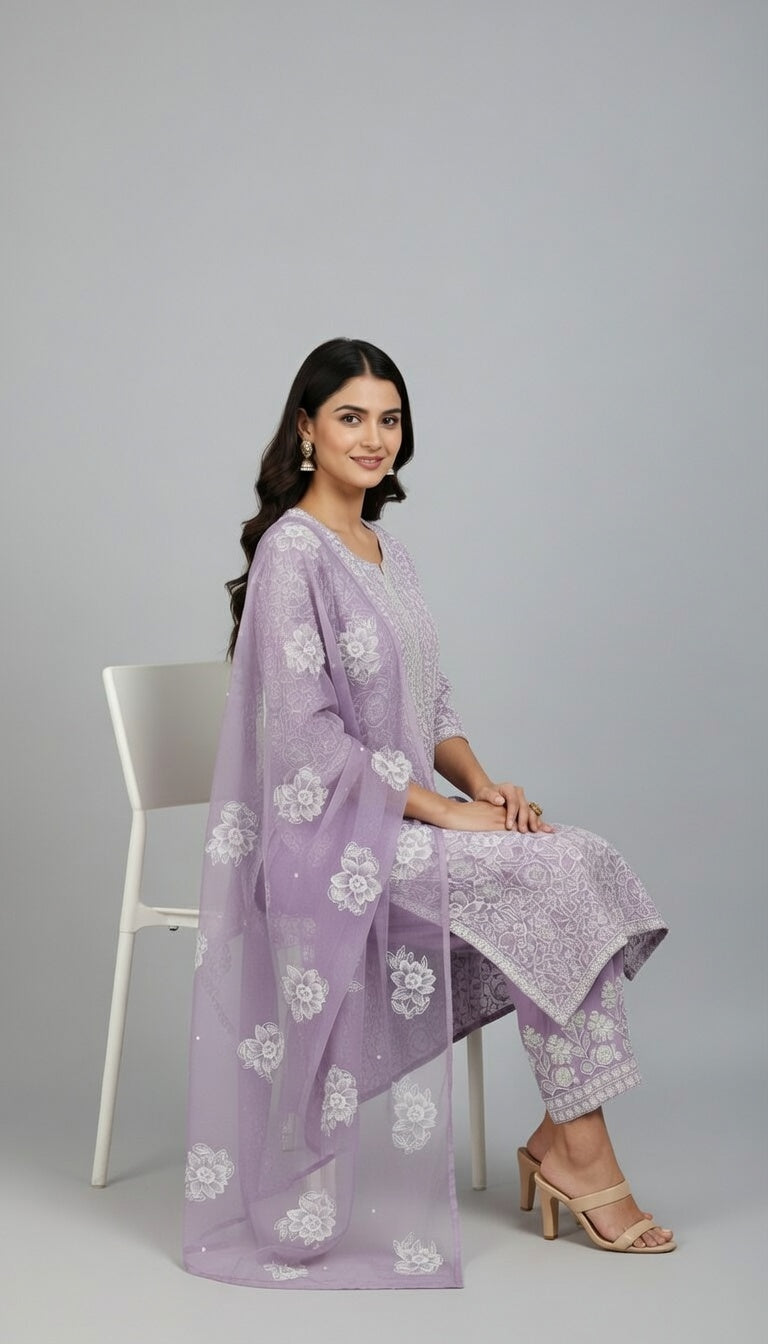 Breeze Lawn China Pure Dupatta Allover Embroidered 3PC Suit | Lavender Purple with Plain China Dupatta | 2.5M Shirt + Trouser + Dupatta